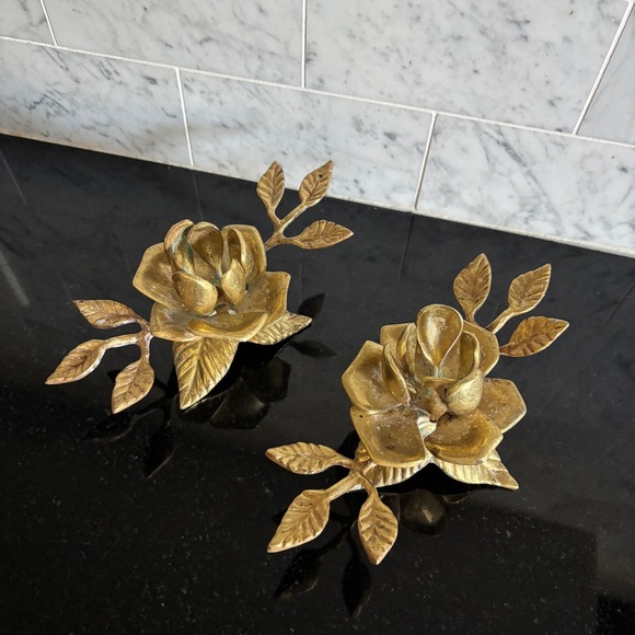 Vintage Other - Vintage Pair of Brass Rose Candle Stick Holders